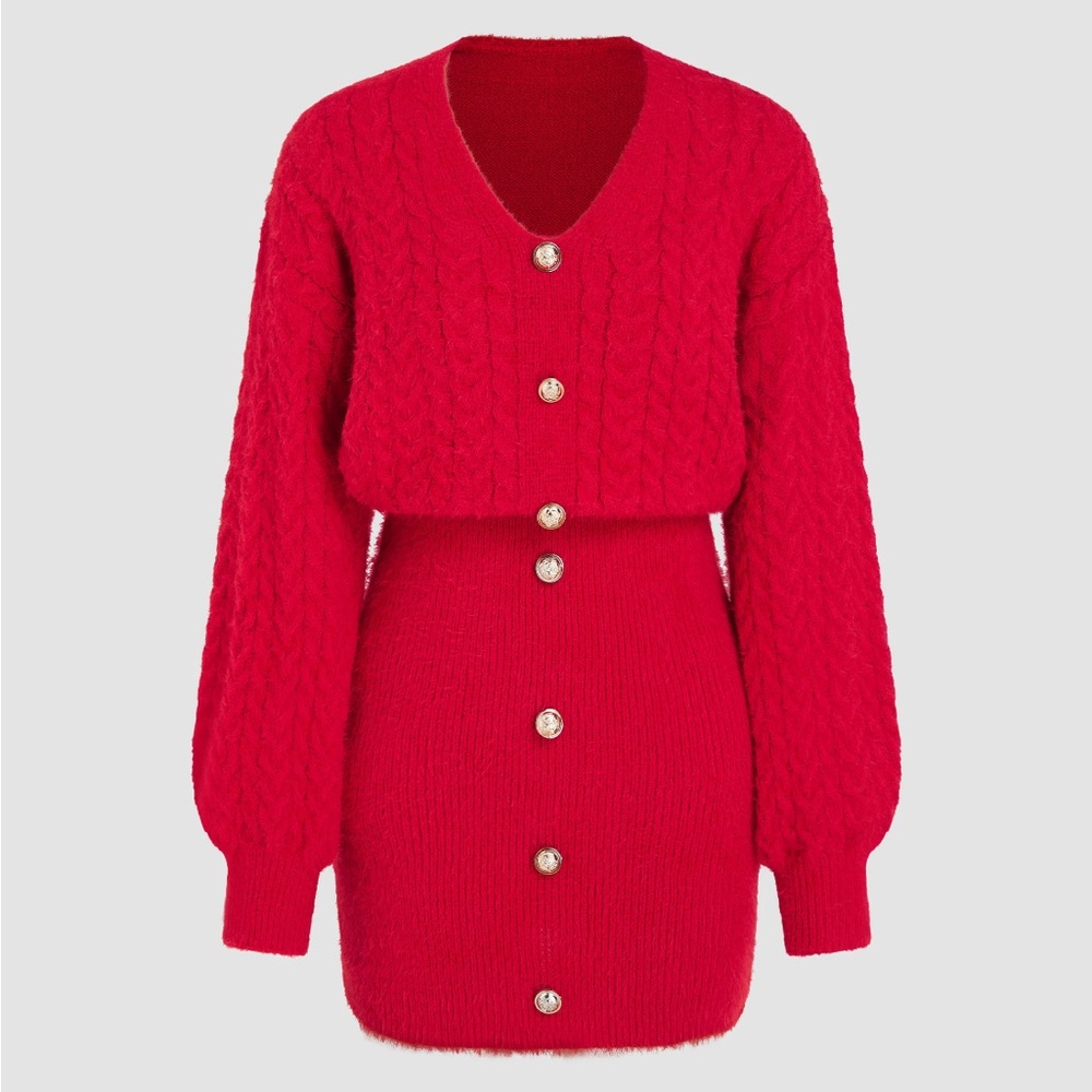 NWOT Cable Knit V-neck buttoned mini dress